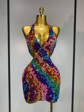 Halter neck mini dress with rainbow diamond embellishments