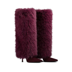 Fur Knee High Stiletto Pointed Toe Boots