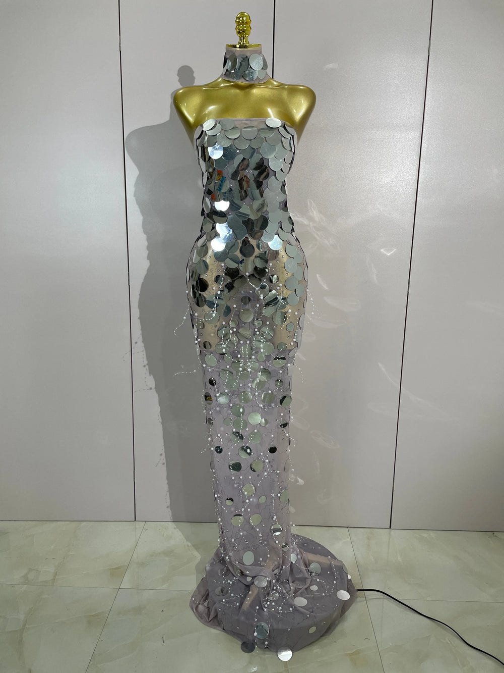 Sequin and pearl strapless floor length dress