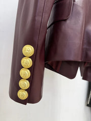 Double-breasted lion button pu leather blazer