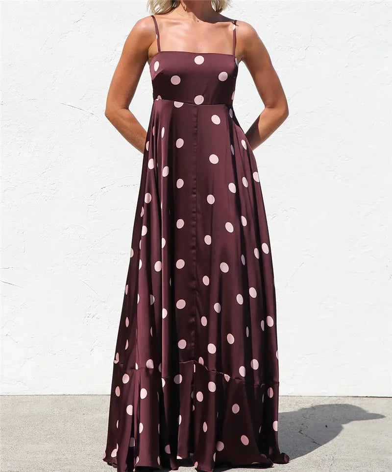 Polka dot satin maxi dress with spaghetti straps