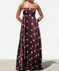 Polka dot satin maxi dress with spaghetti straps