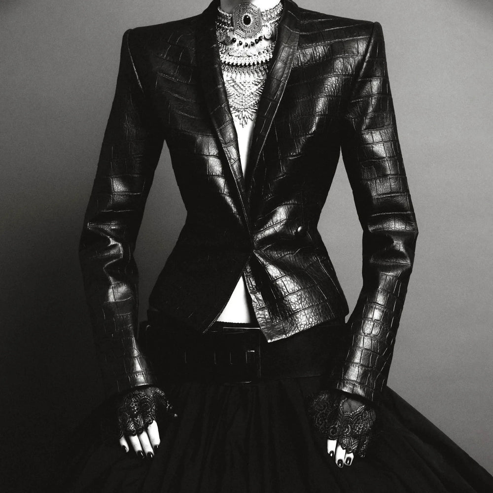 Embossed faux leather fitted blazer with structured shoulders