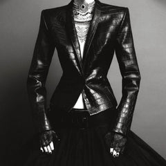 Embossed faux leather fitted blazer with structured shoulders