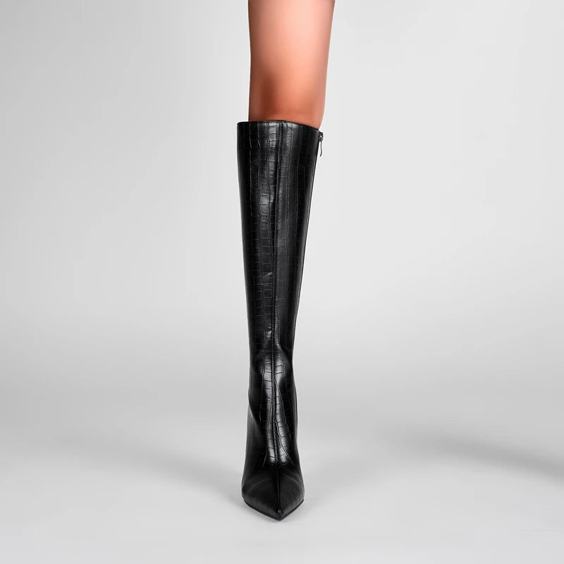 Pointed toe stone pattern knee-high boot