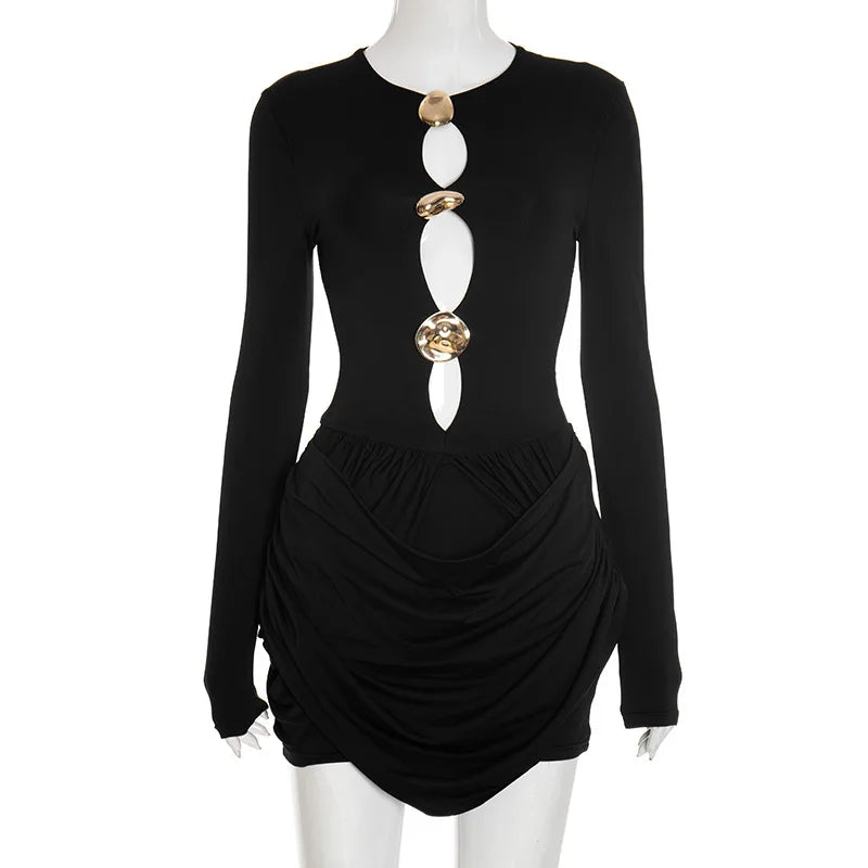 Black long-sleeve dress with a unique necklace on a mannequin against a white background