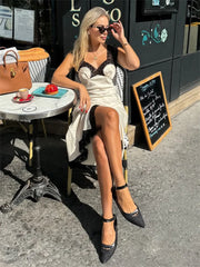 Patchwork Satin Lace Maxi Dress – Elegant V-Neck Evening Gown