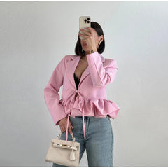 Ruffled Hem Lace-Up Crop Blazer