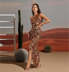 Woman in a sequined dress standing in front of a desert landscape with cacti.