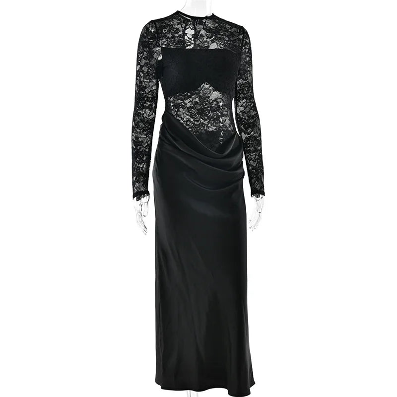 Black evening gown with lace sleeves on a white background