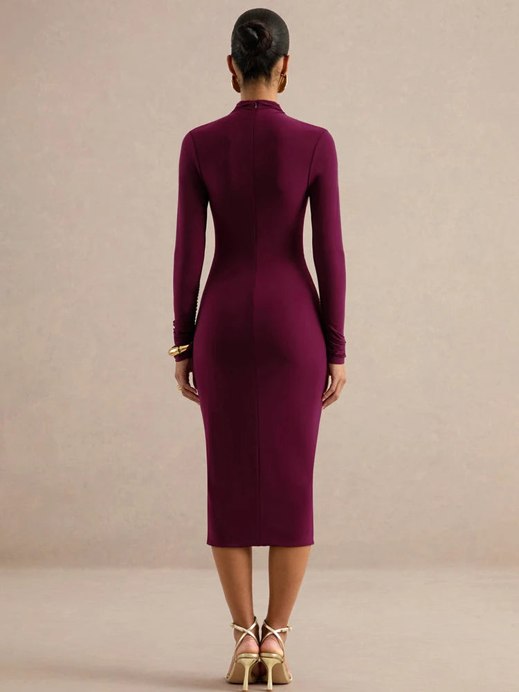White ruched slit turtleneck midi dress