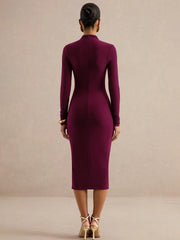 White ruched slit turtleneck midi dress