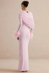 Draped Feather Cuff Maxi Dress
