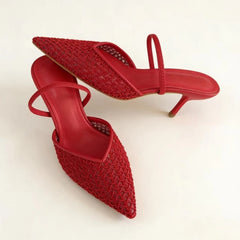 Red mesh slingback pointed toe stiletto heels detail