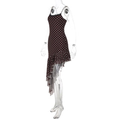 Polka Dot Lace Trim Asymmetric Ruffle Hem Mini Dress