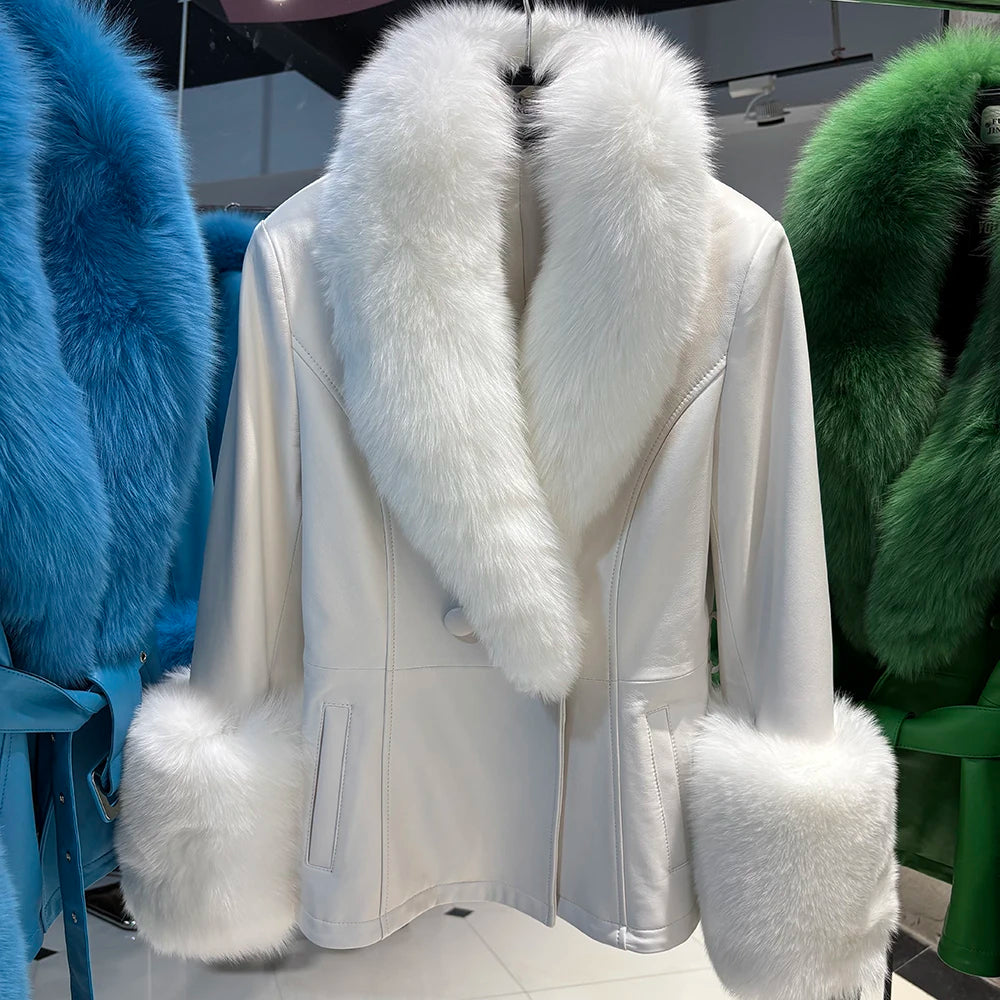 White coat with white fur trim on a mannequin against a colorful fur background