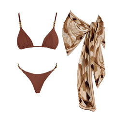 Brown monochrome bikini and patterned scarf swimwear set