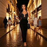 Black halter neck long gown with crystal embellishments