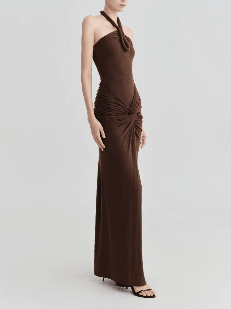 Brown halter neck ruched maxi dress side view