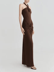 Brown halter neck ruched maxi dress side view