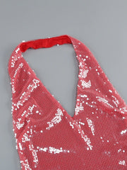 Pink Halter Deep V-Neck Sequin Gown with Fluid Drape