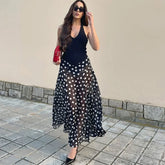 Polka dot print halter neck maxi dress with sheer overlay