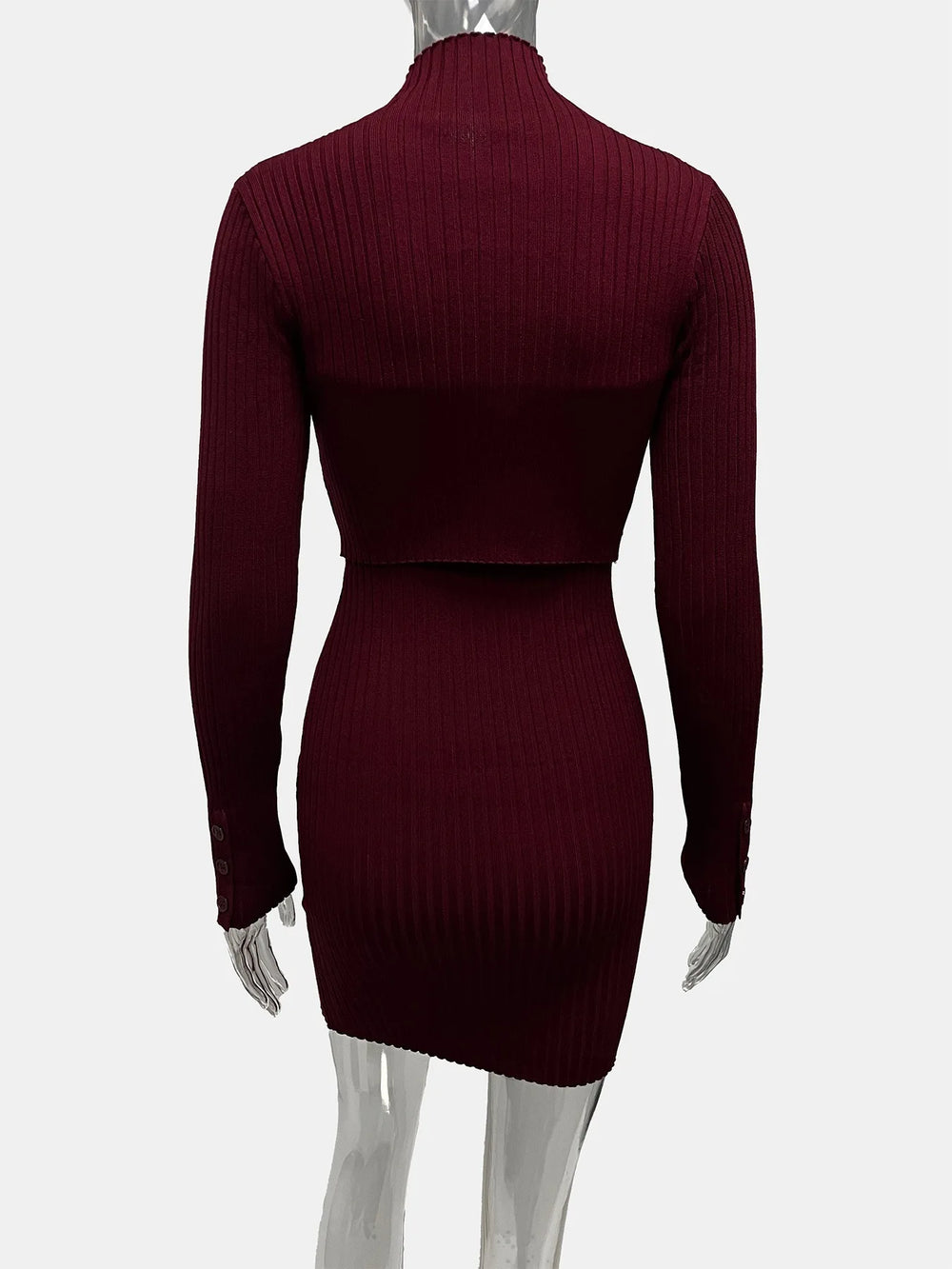 Maroon ribbed dress on a mannequin against a white background
