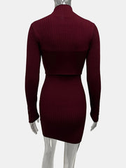 Maroon ribbed dress on a mannequin against a white background
