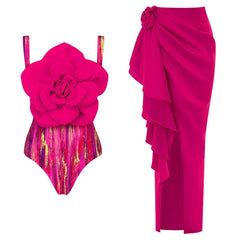 One-Shoulder Swimsuit with Oversized Flower Detail and Matching Printed Sarong Set