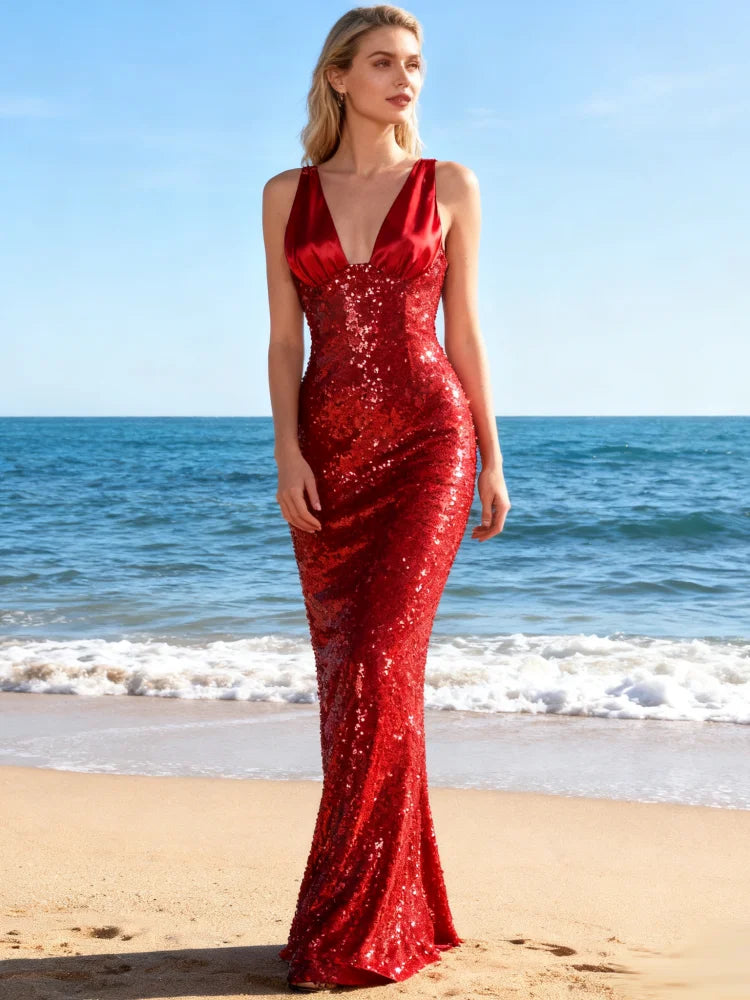 Elegant red sequin gown designed for party and gala occasions