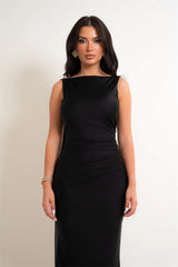 One Shoulder Low Back Draped Buckle Maxi Dress