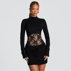 Lace Waist Bodycon Mini Dress with Sculpted Long Sleeves