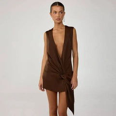Plunging Neck Knot Front Mini Dress