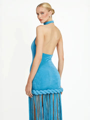 Blue Velvet Halter Neck Patchwork Twist Knot Tassels Long Dress