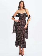 Polka dot maxi dress with spaghetti straps and sweetheart neckline