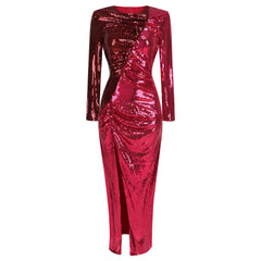 Red sequin dress with long sleeves on a white background