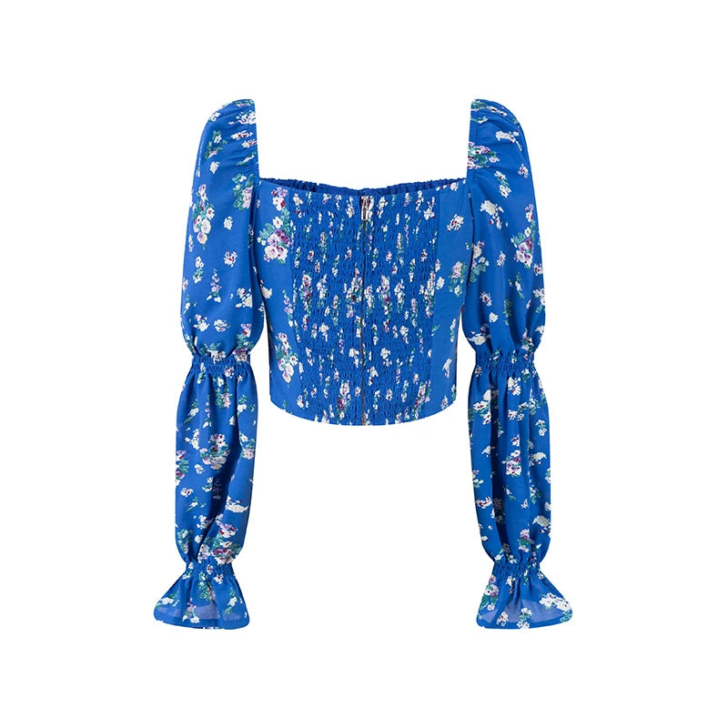Square neck tie-front puff sleeve blouse with floral print in blue, detailed view