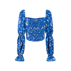 Square neck tie-front puff sleeve blouse with floral print in blue, detailed view