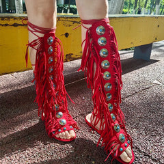 Fringed Gladiator Open Toe Flat Sandals