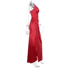 Red evening gown on a mannequin against a white background