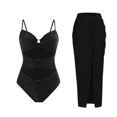 One-Shoulder Swimsuit with Oversized Flower Detail and Matching Printed Sarong Set