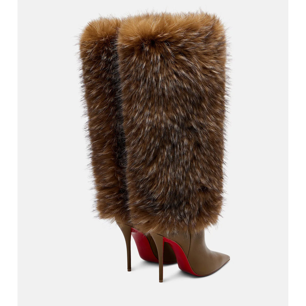 Brown fur knee high stiletto boots back view
