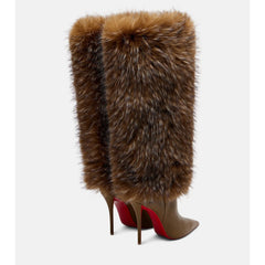 Brown fur knee high stiletto boots back view