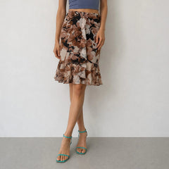 Close-up of floral print on midi skirt