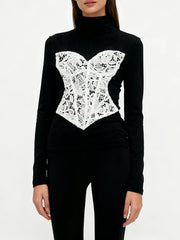 Turtleneck Black Long Sleeve Top With White Corset Desgin