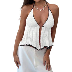 White crochet halter top with black trim on a white background