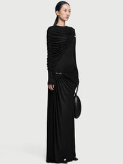 Ruched One Shoulder Long Sleeve Maxi Dress