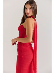 Red Corset Crop Top And Bodycon Maxi Skirt With Scarf Set