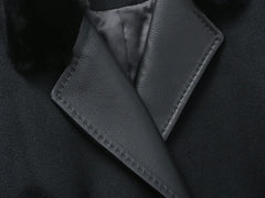 Close-up of a dark coat with leather collar and trim