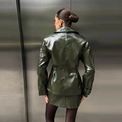 Faux Leather Lapel Jacket and Mini Skirt Set